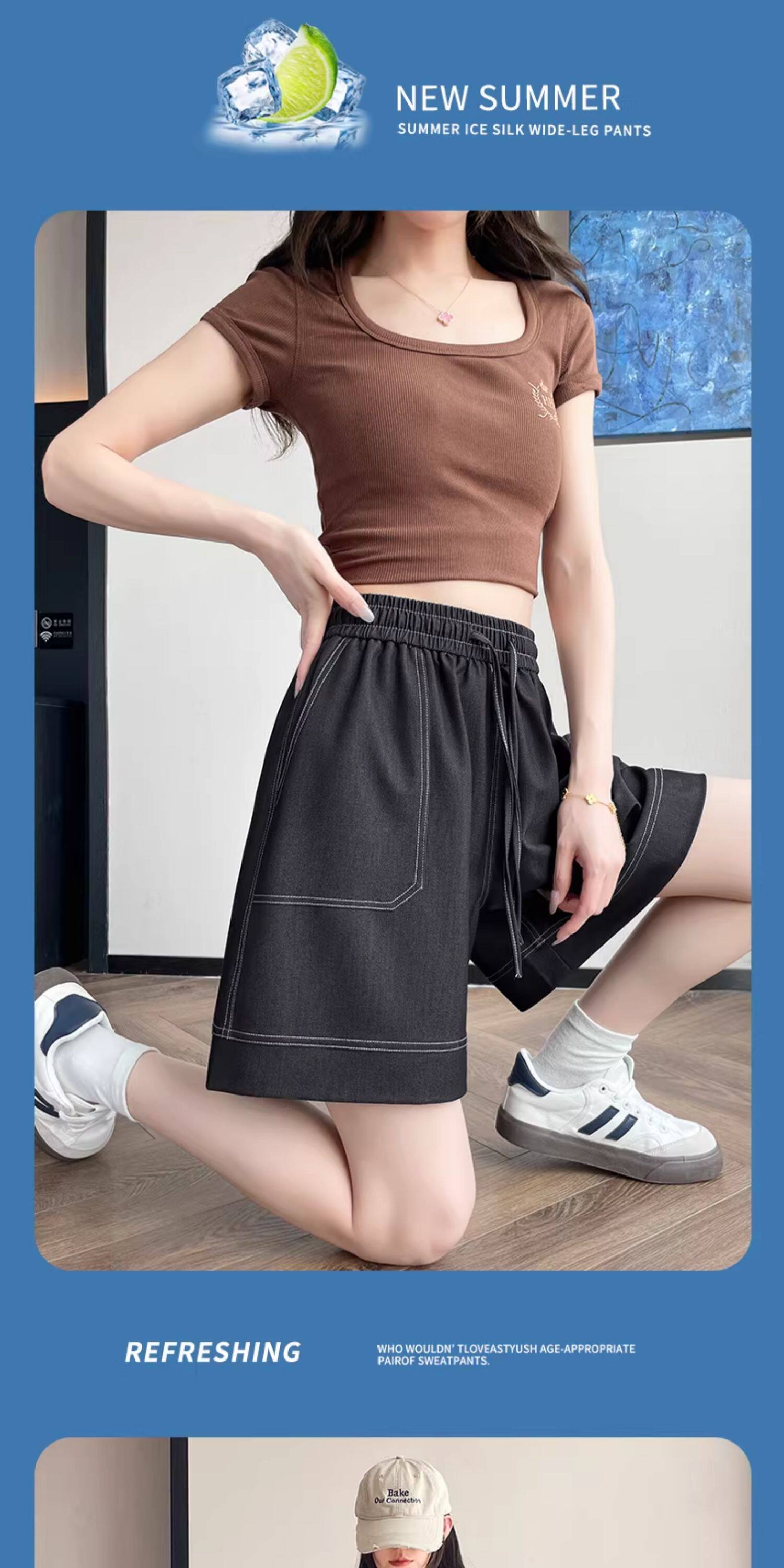 Quần short jean nữ lưng cao ống rộng chất liệu tơ tằm mát mẻ — màu xanh nhạt chi tiết 13
