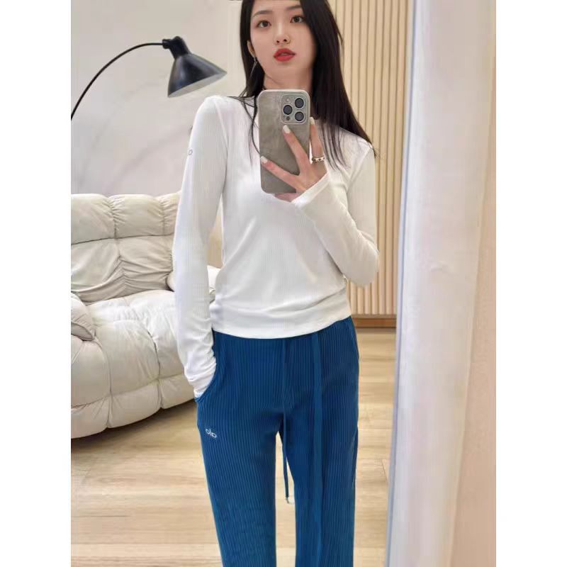 In-Stock Alo Cotton Long-Sleeve Ribbed Base Shirt T-Shirt for Women, Spring and Autumn Sports Quick-Dry Fitness Training Yoga Top