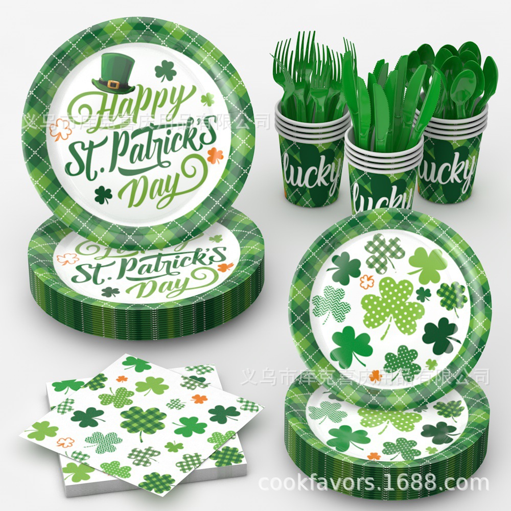 2025 Día de San Patricio decoración de fiesta tema de trébol bandeja de papel desechable vaso de papel toalla de papel juego de vajilla