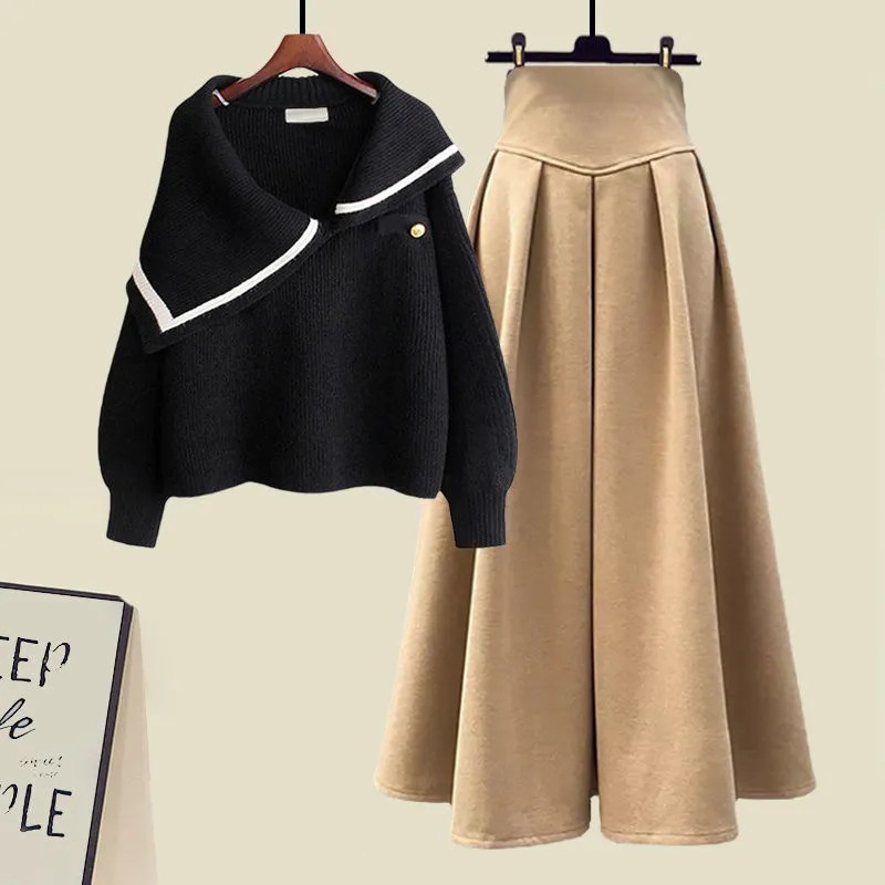 Damenbekleidung Große Größen Herbst- und Winteranzüge für Damen Neue lockere Marineblau-Kragenpullover Schlanker Rock Zweiteiliger Anzug Trendy_voghion.com
