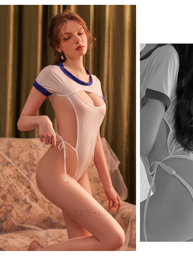 One-Piece Crotchless Lingerie Jumpsuit, Milk Silk Fabric, White Uniform-Style Roleplay — detail image 10