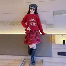 女童装秋冬洋气年服套裙中大儿童女孩红色毛衣格子百褶短裙两件套