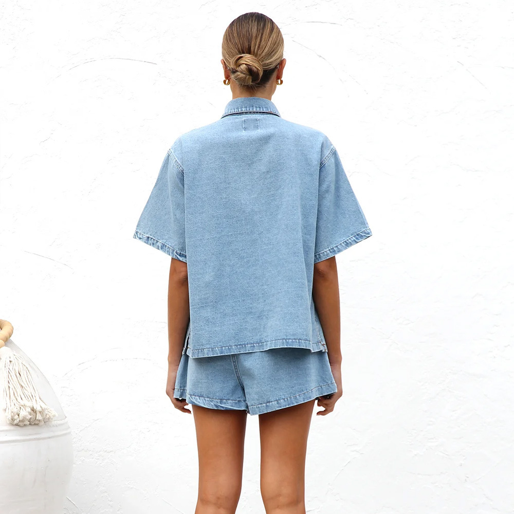 Turndown Neckline Loose Fit Type Daily Women's Casual Solid Color Polyester Denim Shorts Co-ord Set Shorts Sets