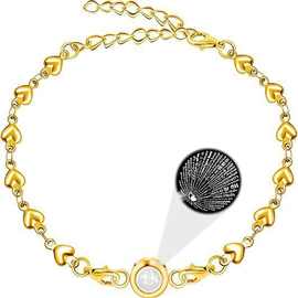 外贸欧美不锈钢100种语言投影饰品定 制高清图片心型连连手链跨境