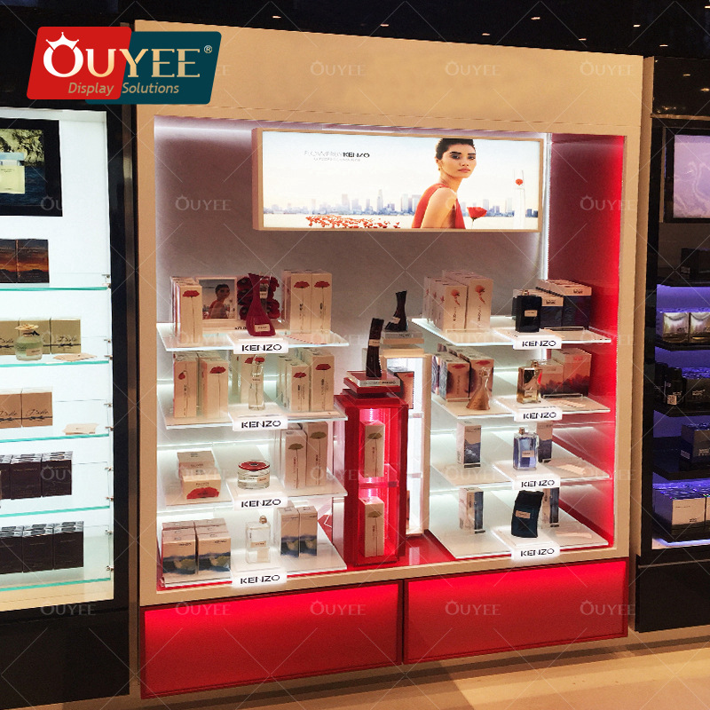 落地化妆品展示柜中岛柜密度板烤漆带led珠宝灯陈列架来图可加工