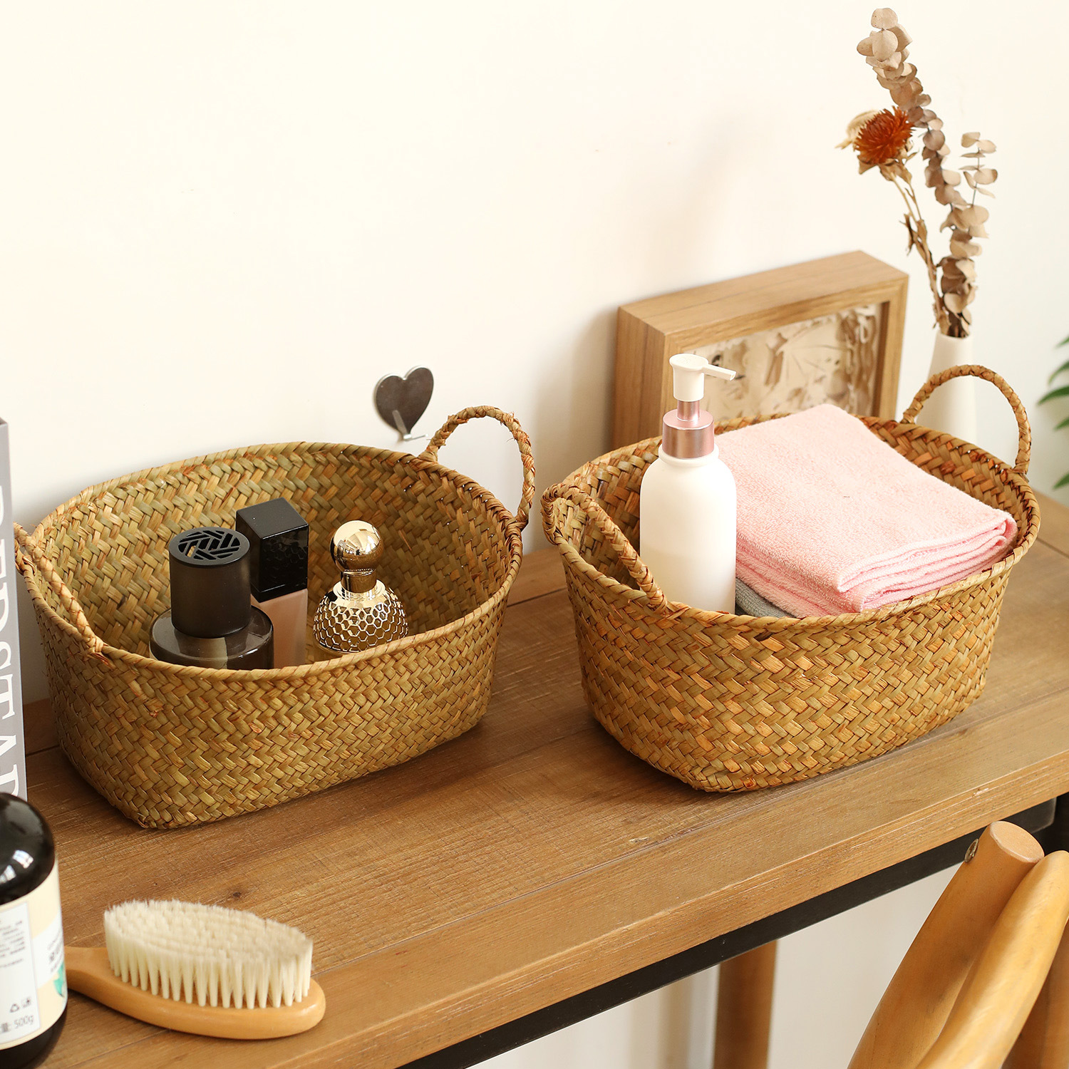 Straw Woven Portable Storage Basket Desktop Snack and Miscellaneous Items Organizer Storage Box Woven Storage Basket