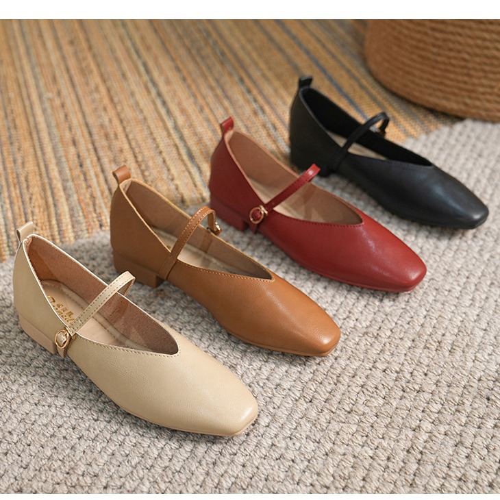 Flats Flats for Women 2023 Spring and Summer New Retro Buckle Low-Heeled Shoes Literary Square Toe Soft Leather Mary Jane Shoes