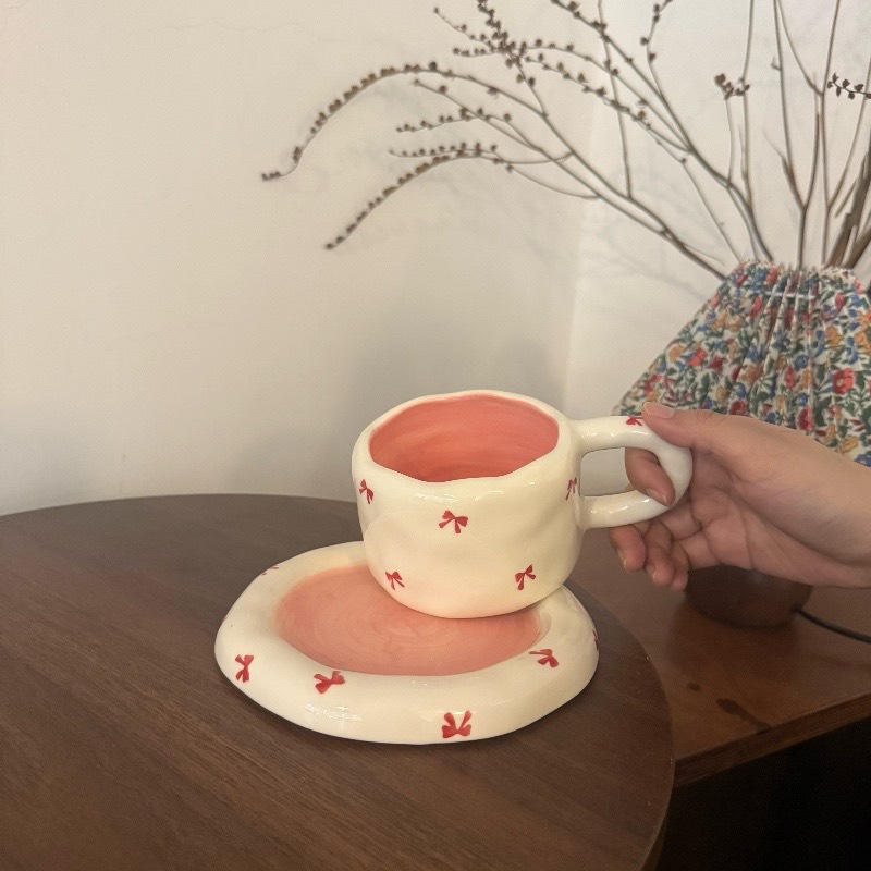 Estilo coreano, lazo pintado a mano, taza de café de cerámica, plato, taza y plato de alto valor, té de la tarde, plato de postre
