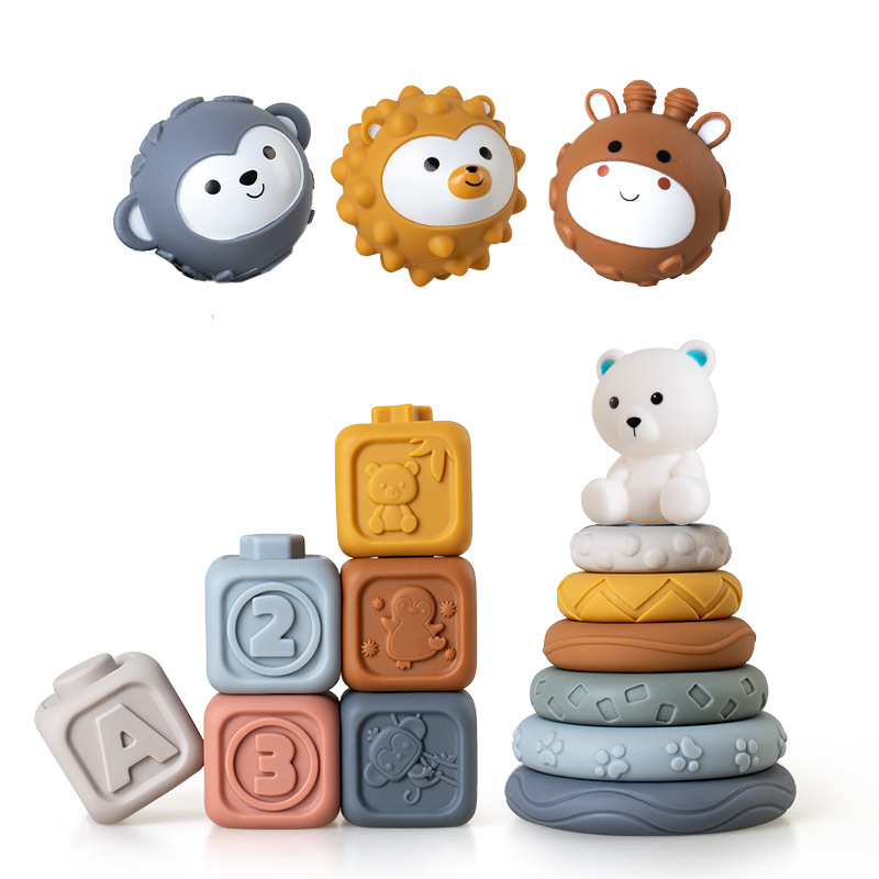 Juguetes transfronterizos de agarre de mano para bebés y niños pequeños, bloques de bloques de goma suave, círculos apilados, pellizcos para bebés, juguetes apilados de bolas image 22