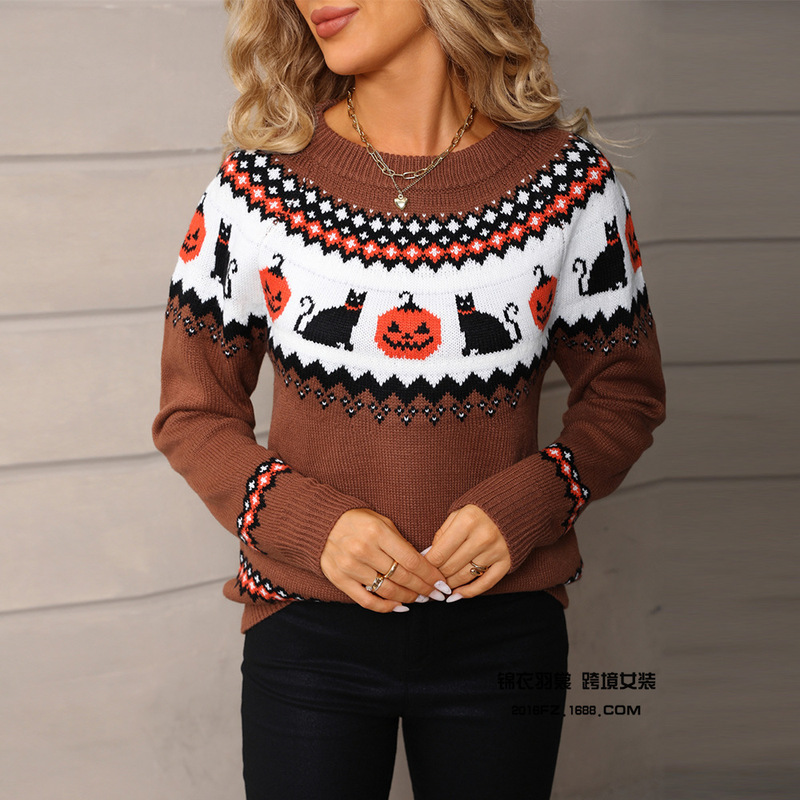 2026 Winter Short-Sleeved New Cross-Border Women's Clothing Plus Size European and American Knitted Christmas Sweaters Halloween Personalized Tops