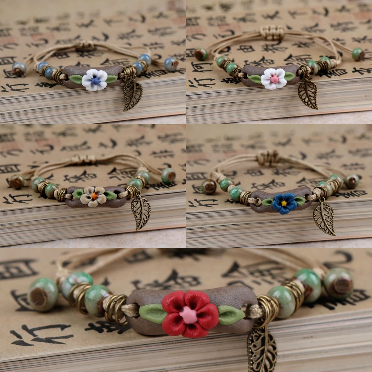 Jingdezhen Ceramic Hand Kneading Stone Sealing Flower Series Bracelet Women's Compendium Pottery Clay Pole Flat Knot Stall Small Commodities