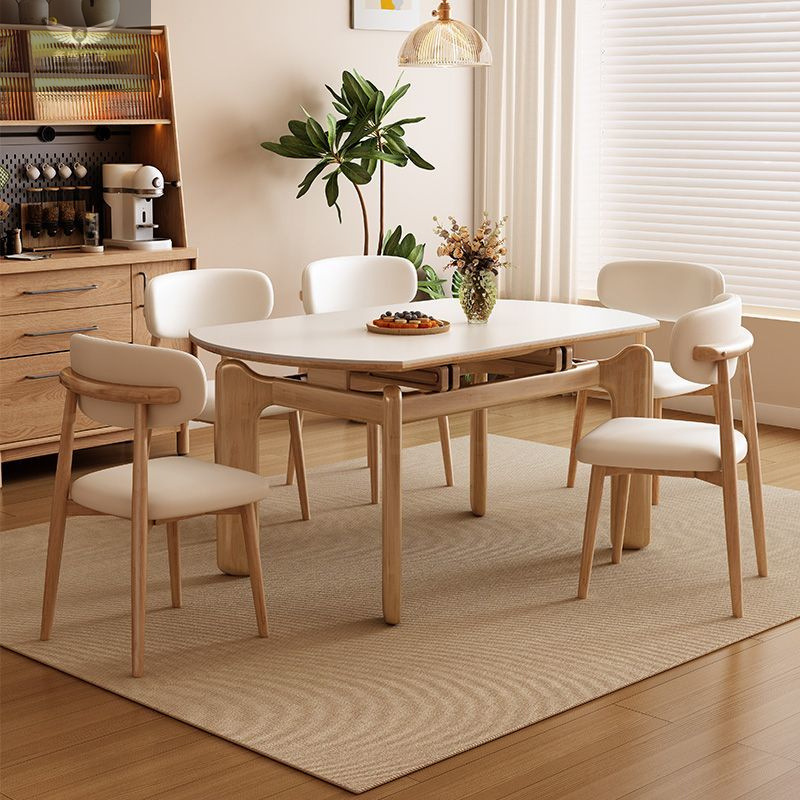 Madera de fresno, madera maciza, radio, mesa de comedor de tablero de roca de estilo nórdico de estilo japonés, mesa de comedor de troncos plegables con patas de elefante de estilo crema