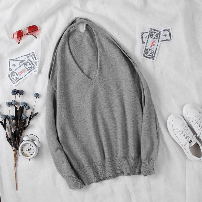 时颖亚马逊毛衣女秋冬季跨境新款纯色拼接v领露肩性感针织上衣女