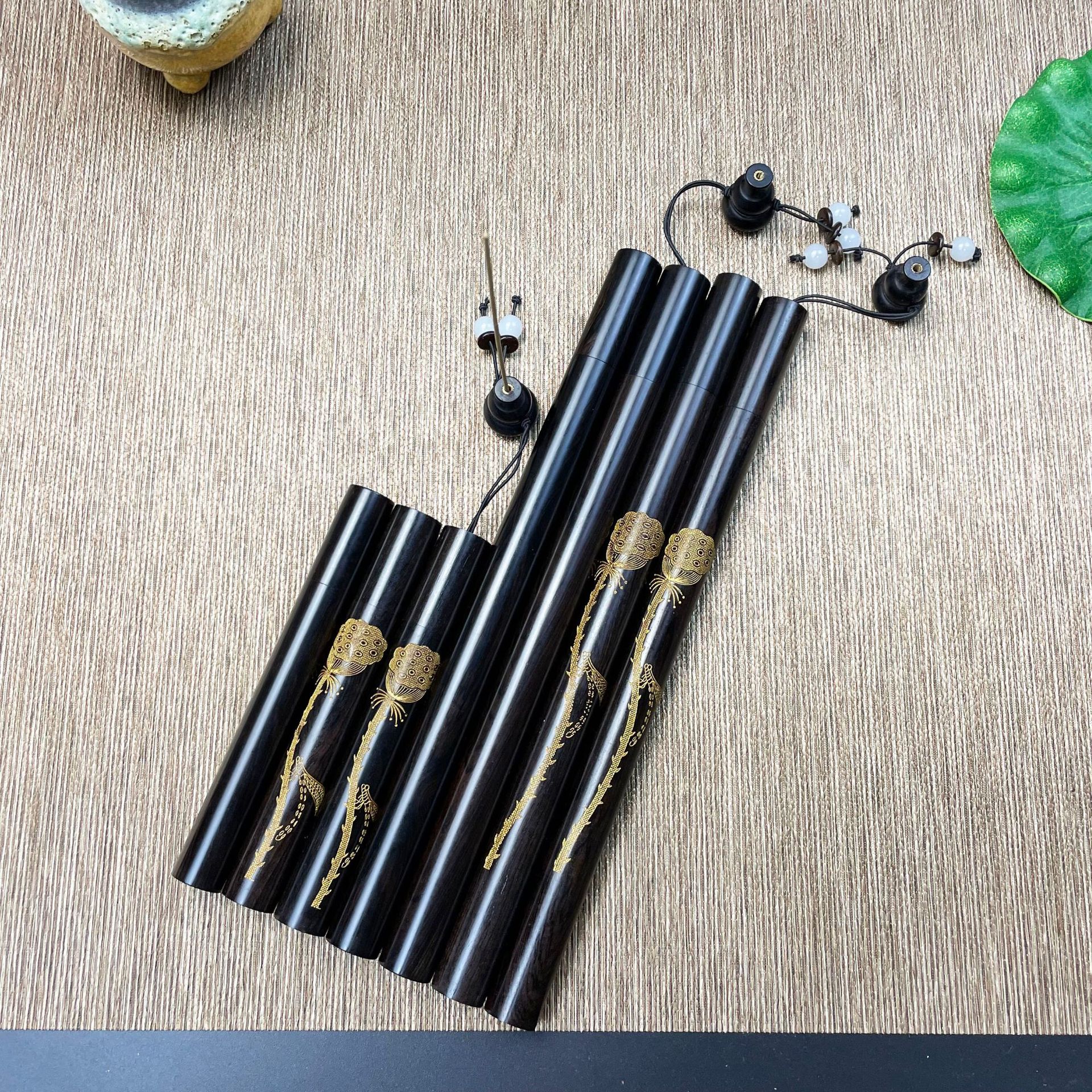 紫光檀香筒沉香线香桶带葫芦香插实木香管存储线香黑檀上金粉香桶