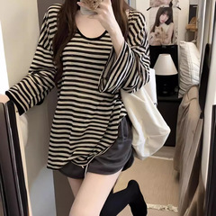 怠惰なスタイルのストライプラウンドネック日焼け止め長袖 Tシャツ女性の夏薄いオーバーサイズルーズスリムブラウストップ