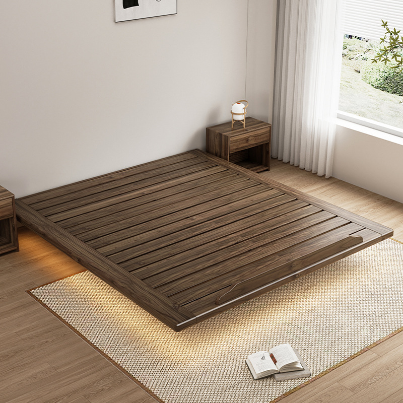 Black Walnut Wood Bed Without Headboard, Tatami Bed, Small Apartment Bed, All Solid Wood Bed Frame, Low Bed, Suspended Bed, Custom-Made Black Walnut Wood Bed Without Headboard, Tatami Bed, Small Apartment Bed, All Solid Wood Bed Frame, Low Bed, Suspended Bed, Custom-Made