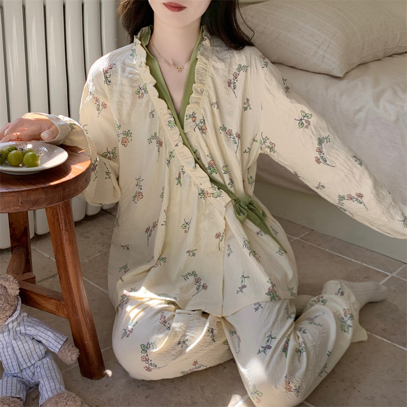 Pajamas Women's Autumn and Winter Cotton Long Sleeve Trousers suit Spring and Autumn Korean Style Cardigan V-neck Kimono Plus Size Home Clothes