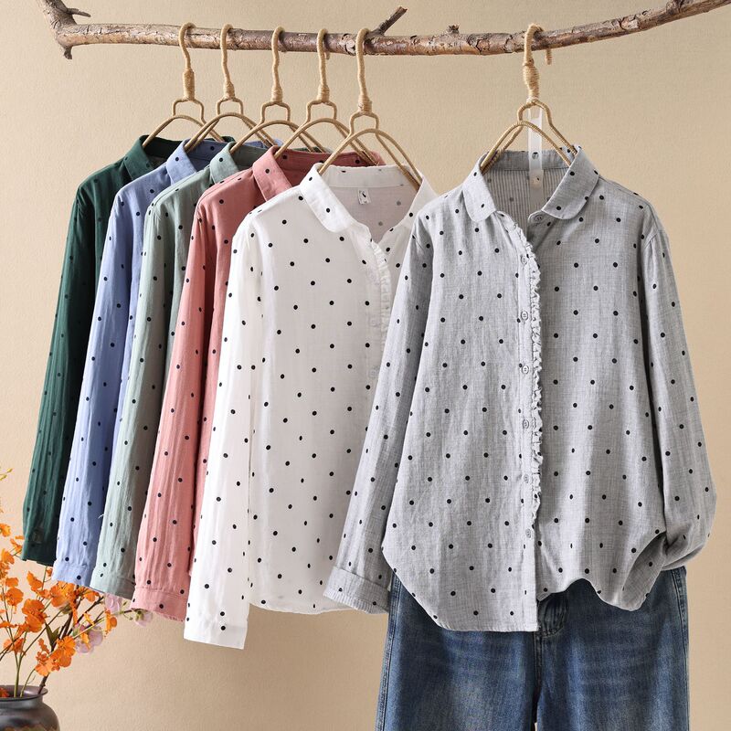Spring and Autumn New Style Japanese Style Mori Girl Printed Polka Dot Wood Ear Lace Shirt Women's Long Sleeve Double Layer Yarn Skin Cotton Top