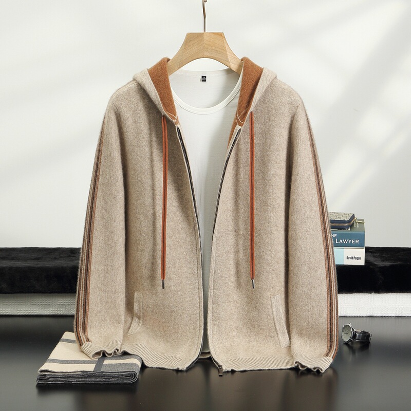 New autumn and winter casual and stylish color-blocked cashmere sweater for men, knitted hooded zip-up cardigan, cross-border wholesale factory sale New autumn and winter casual and stylish color-blocked cashmere sweater for men, knitted hooded zip-up cardigan, cross-border wholesale factory sale