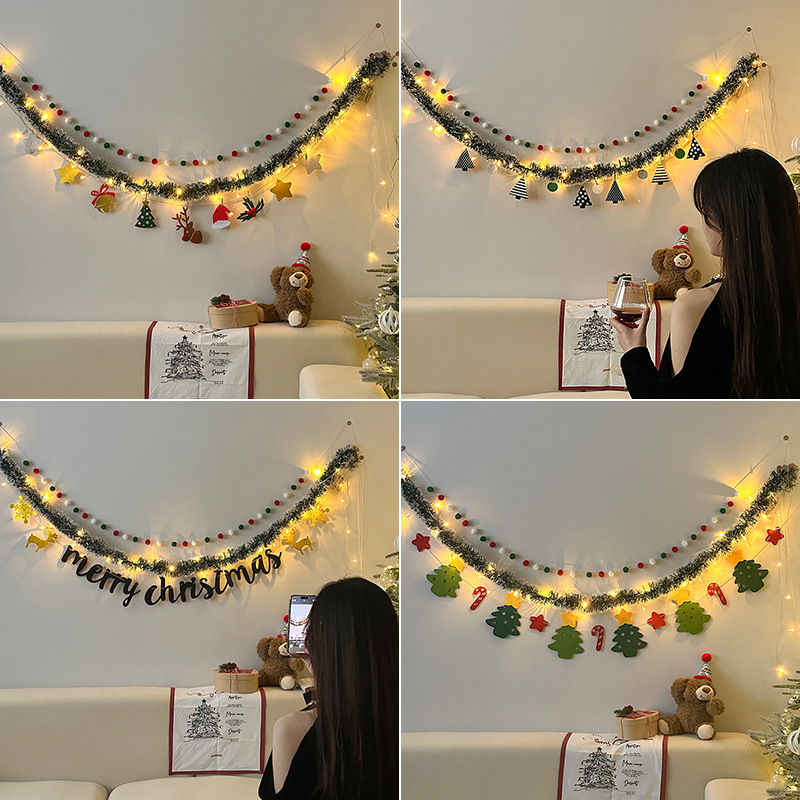 圣诞节装饰摆件毛条圣诞树拉旗彩旗彩条灯串拍照道具氛围场景布置