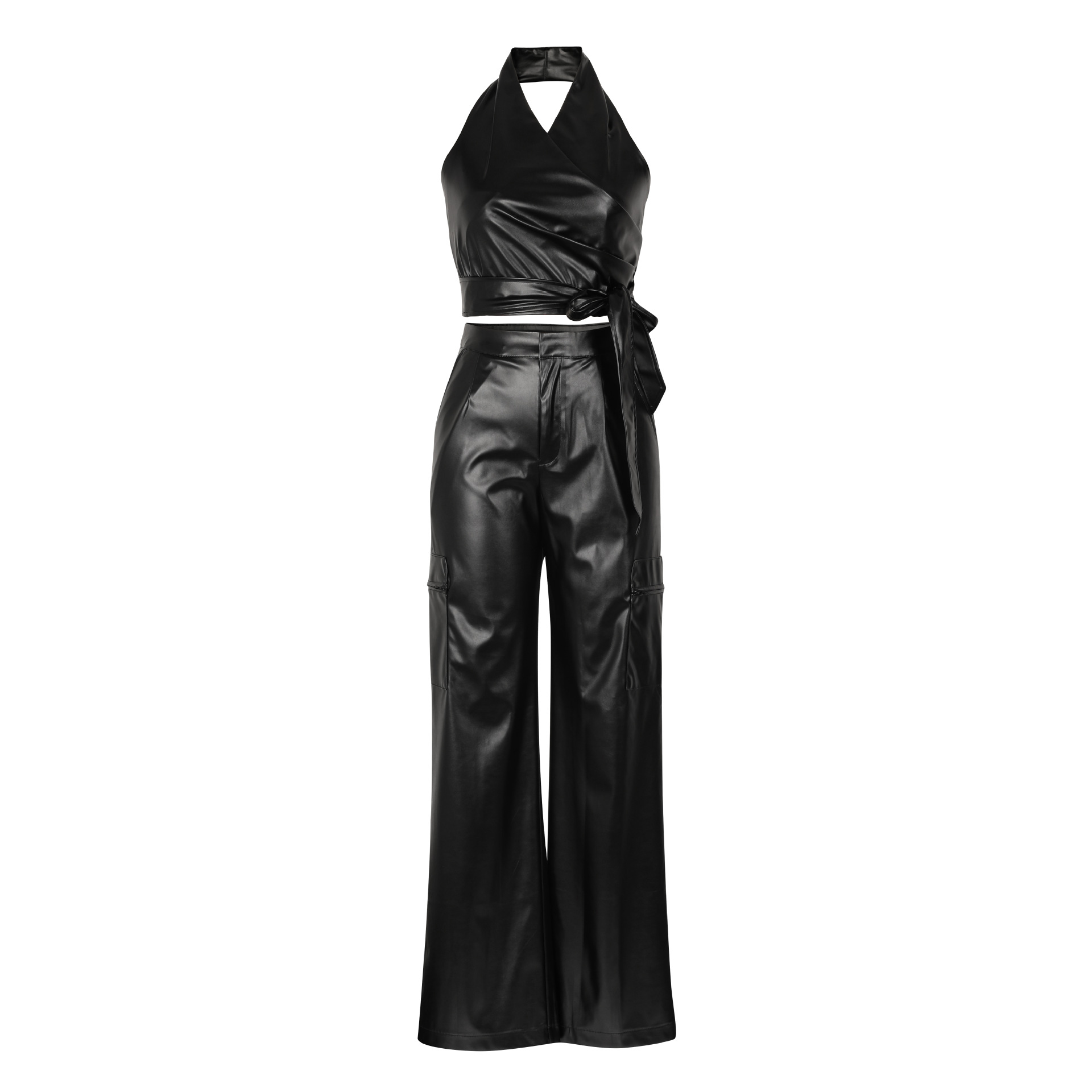 Women Clothing Faux Leather Sleeveless Halter Sexy Leather Pants Two Piece Summer