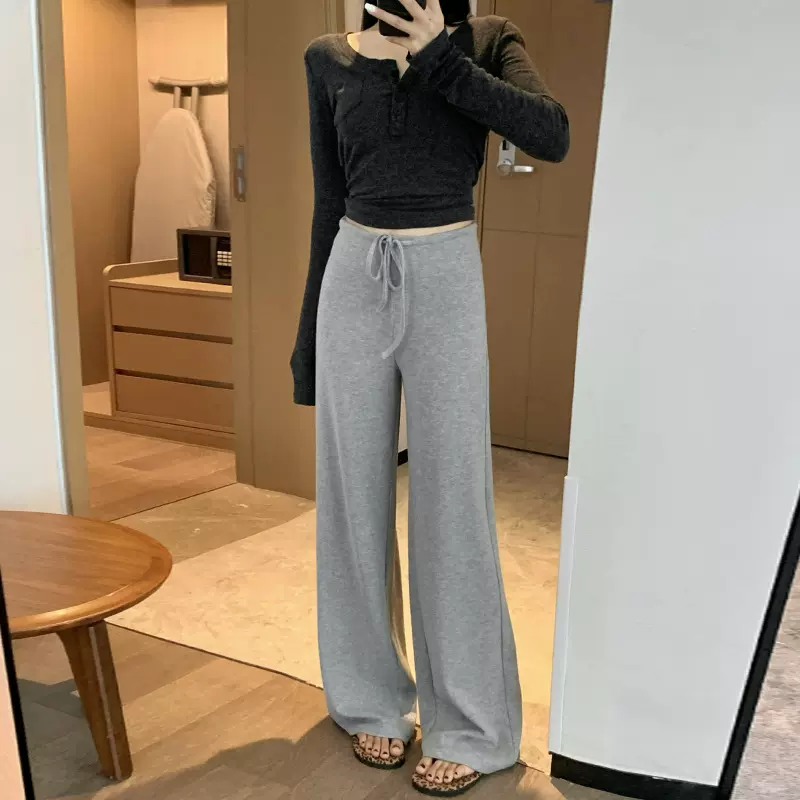 慵懒风高腰抽绳阔腿裤女秋季气质百搭宽松显瘦垂坠感拖地休闲长裤