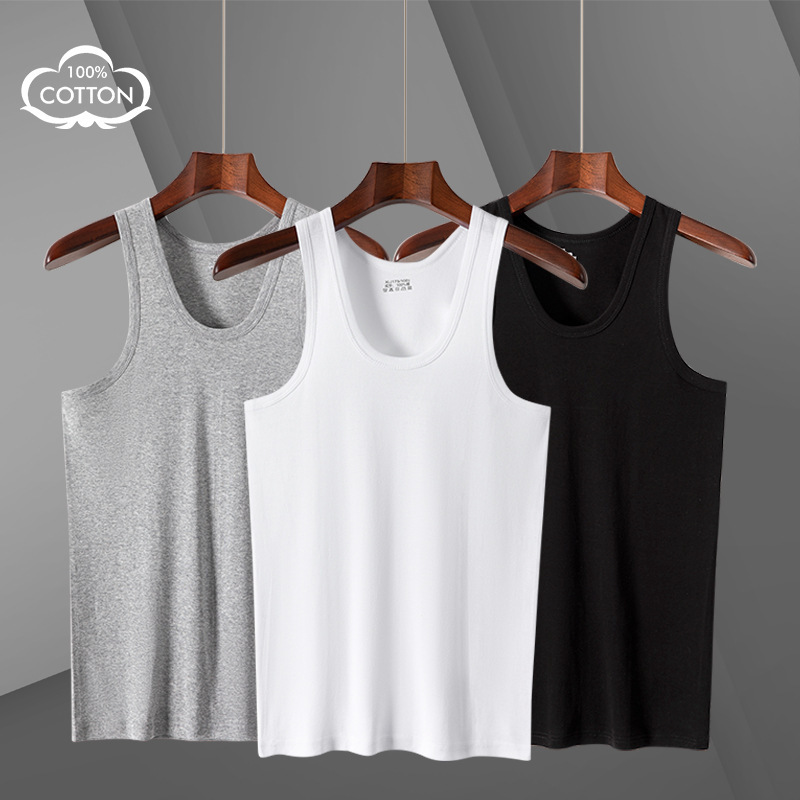 Men's Cotton Vest Summer Base Inner Wear Sports Fitness Hurdle Slim 100 Cotton Middle-aged and Elderly Undershirt