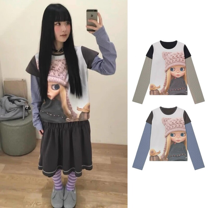 Korean Dongdaemun New Long-Sleeve T-Shirt for Women with Digital Doll Print, Faux Two-Piece T-Shirt, Niche Design, Fashionable Trend