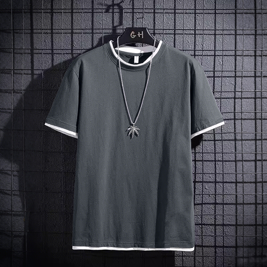 Men's Layered Faux Two Piece Crew Neck Pullover Top Trendy Street Style Loose Fit Casual Wear Short Sleeves Retro Drape Base Layer_voghion.com