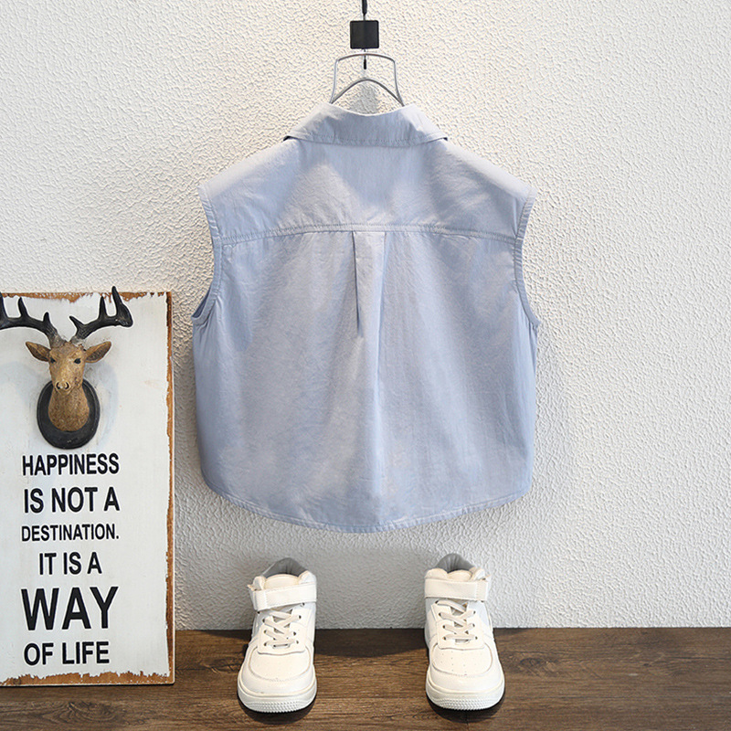 7939 camisas para niños verano nuevo estilo para niños bolsillos sueltos camisa sin mangas azul chaleco casual para niños de moda