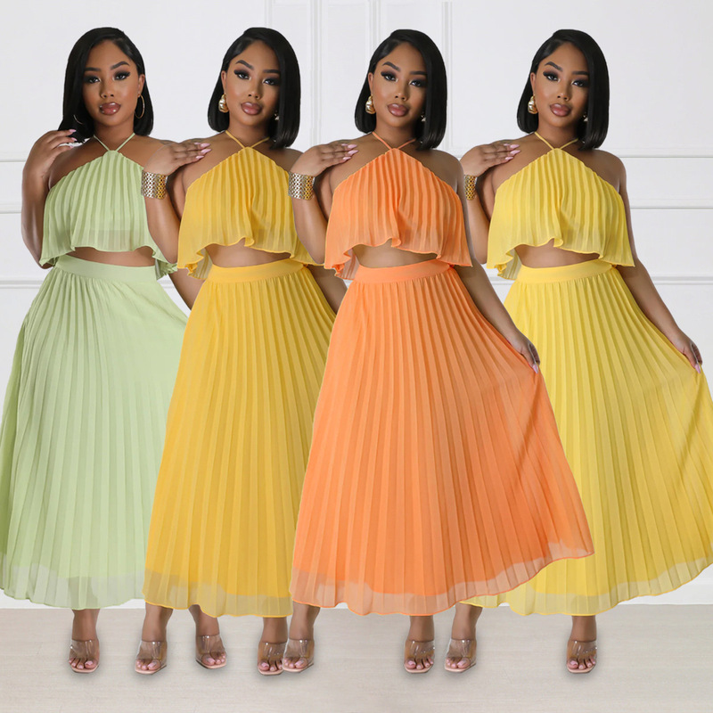 10090 Cross-border Europe and America Amazon Sexy Backless Neck Vest Fresh Pleated Half-length Dress Two-piece Set