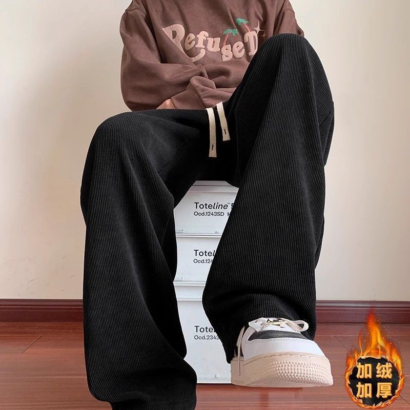 美式冬季加绒灯芯绒裤子垂感宽松直筒卫裤阔腿大码男裤休闲长裤