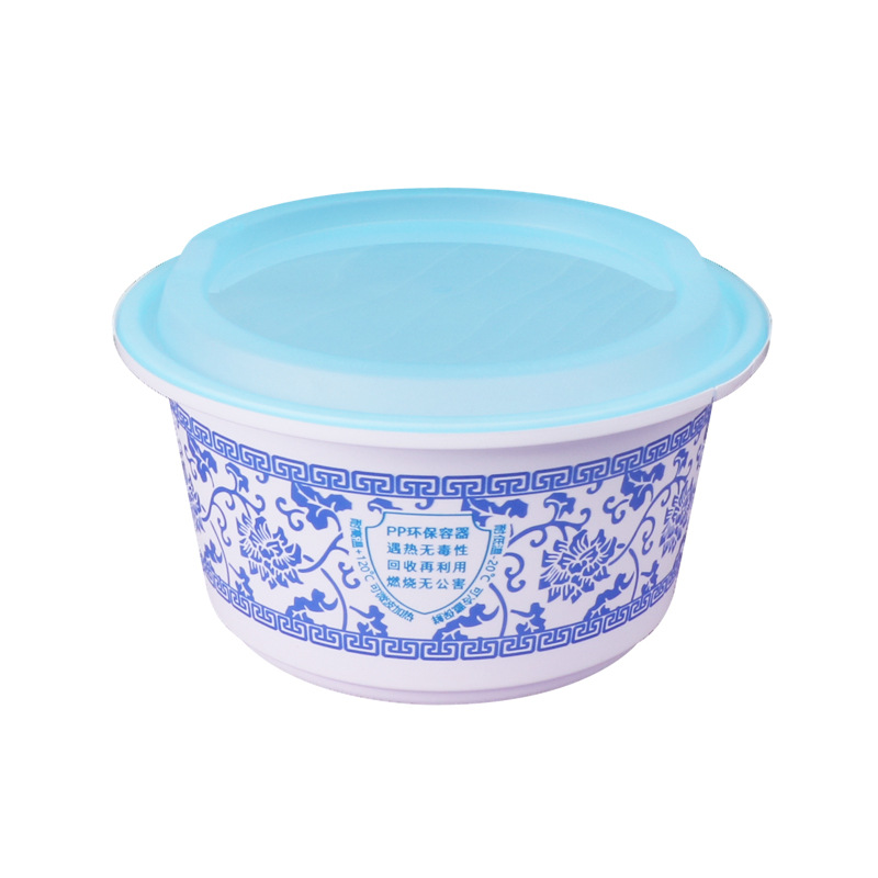 Caja de comedor de alimentos de tazón azul desechable ecológico de alta calidad redondo de plástico grueso empaquetado casero antirrobo cierre cubierta de hebilla