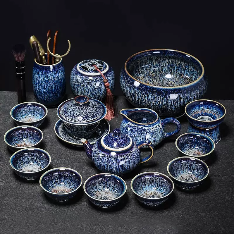 窑变建盏功夫茶具套装家用高档办公会客陶瓷茶壶茶杯中式整套茶器