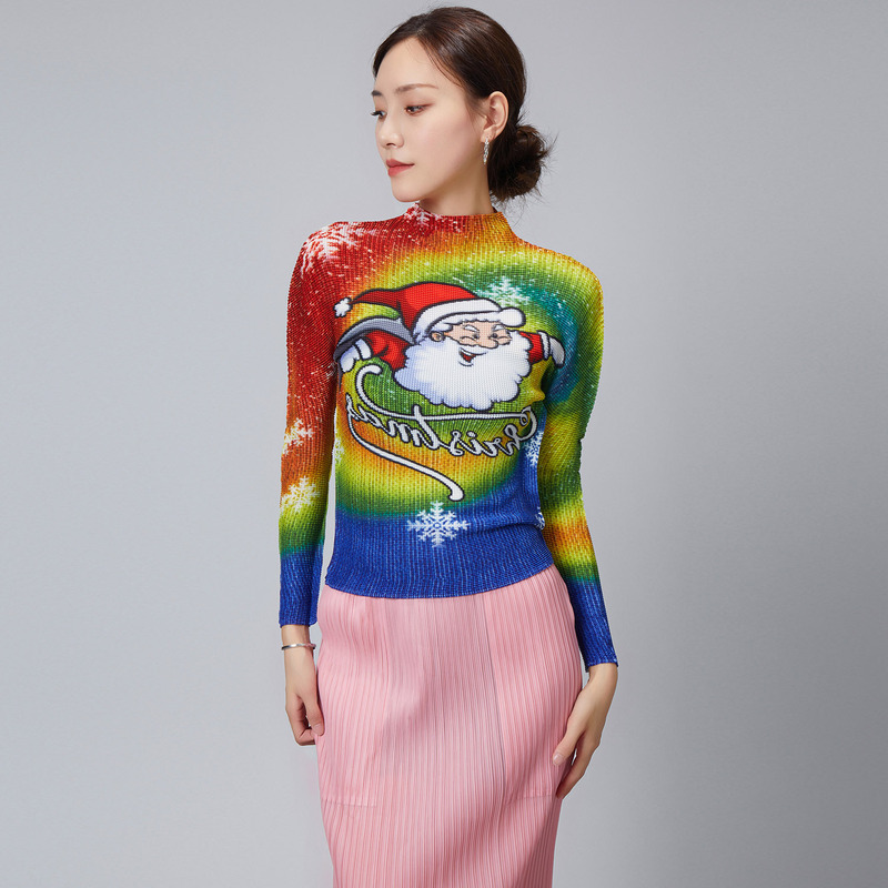 Sanzhai autumn and winter New colorful pullover long sleeve Christmas pleated top women's slim slimming printed sweater Sanzhai autumn and winter New colorful pullover long sleeve Christmas pleated top women's slim slimming printed sweater