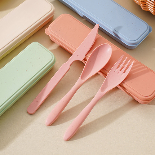Stainless steel fork spoon chopsticks tableware set, wheat portable student outdoor knife fork spoon mealware set with storage