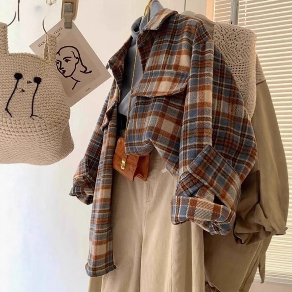 American Retro Brushed Plaid Shirt for Women Autumn and Winter 2025 New Casual Lazy Style Versatile Long-Sleeved Jacket