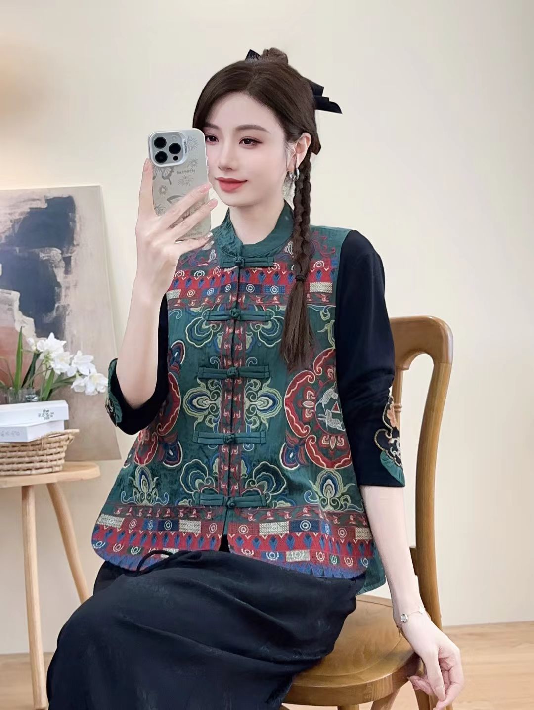 2025 otoño nuevo estilo suelto damas casuales de mediana edad collar bordado estilo nacional hombro sin mangas chaleco superior