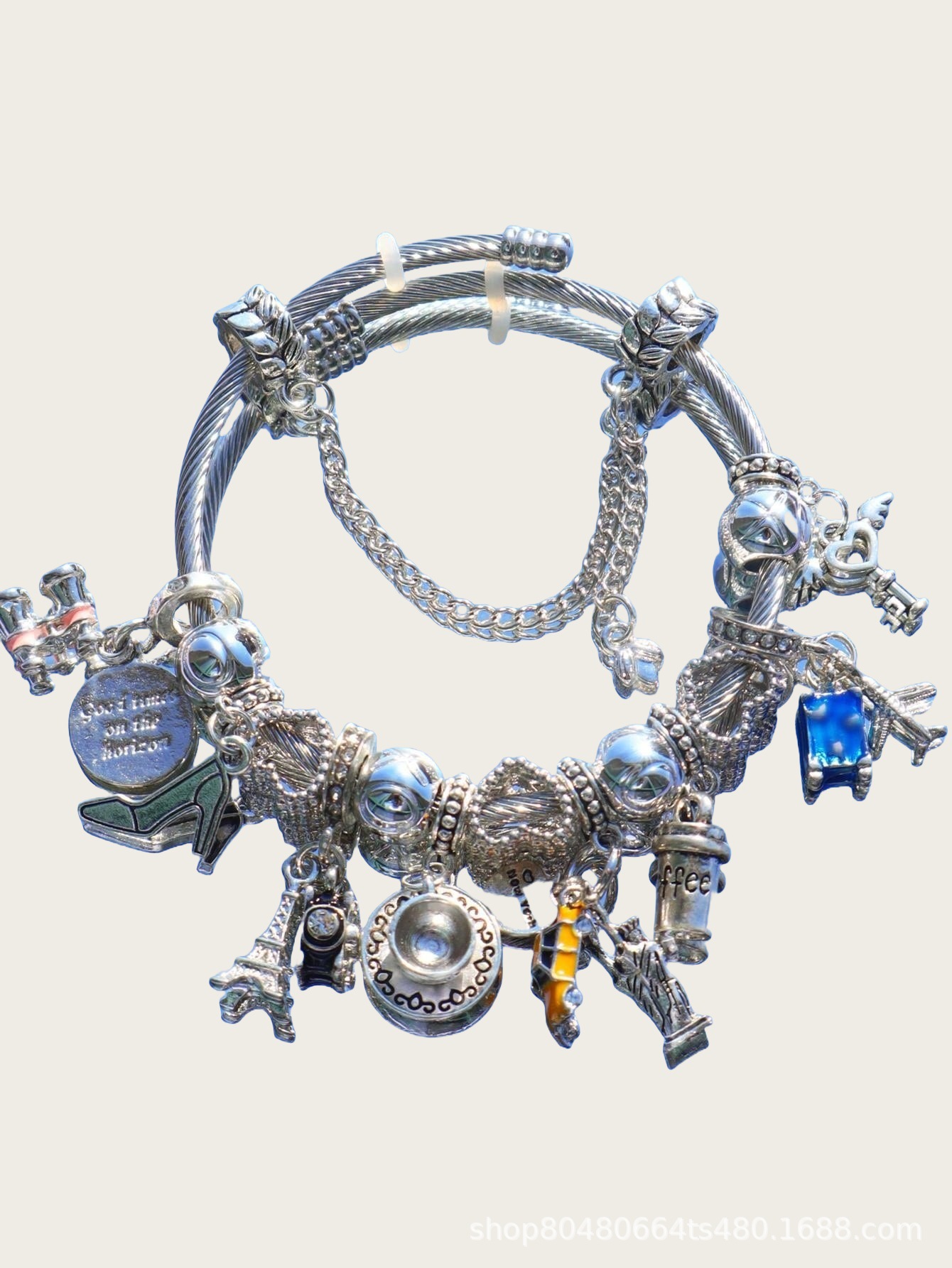 Pulsera Pan-DIY pulsera de estilo explosivo transfronterizo Telescopio Coche Avión Torre de hierro Cámara de café Joyas de amor