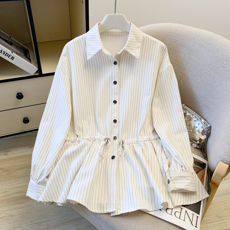 French-Style High-End Elegant Waist-Cinching Long-Sleeve Shirt Cardigan with a Turn-Down Collar, New Versatile Striped Shirt A10814
