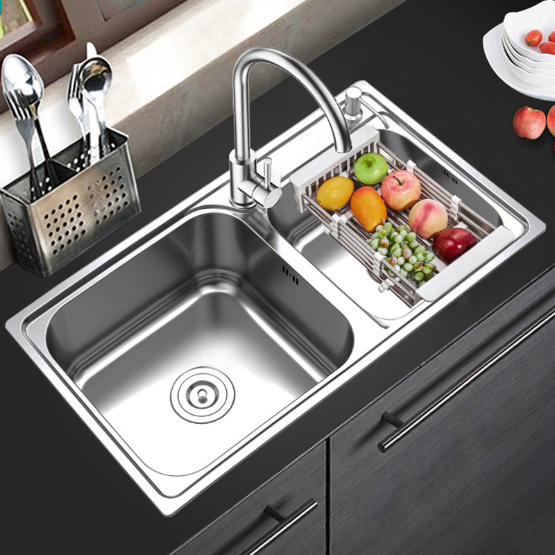 Double Sink 304 Stainless Steel Sink Thickeneded Kitchen Household Dishwashing Sink Double Basin Table Set