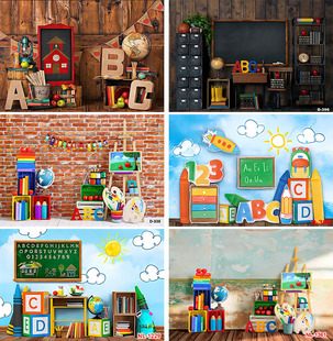 Cross-border supply back-to-school season background letter ABC Wood globe children's party photography background photo props