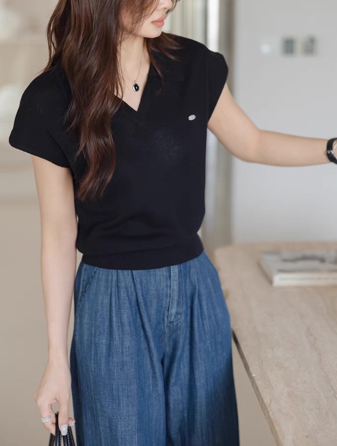 Áo polo nữ ngắn tay cổ bẻ chất liệu linen pha sợi dệt kim — màu đen chi tiết 14