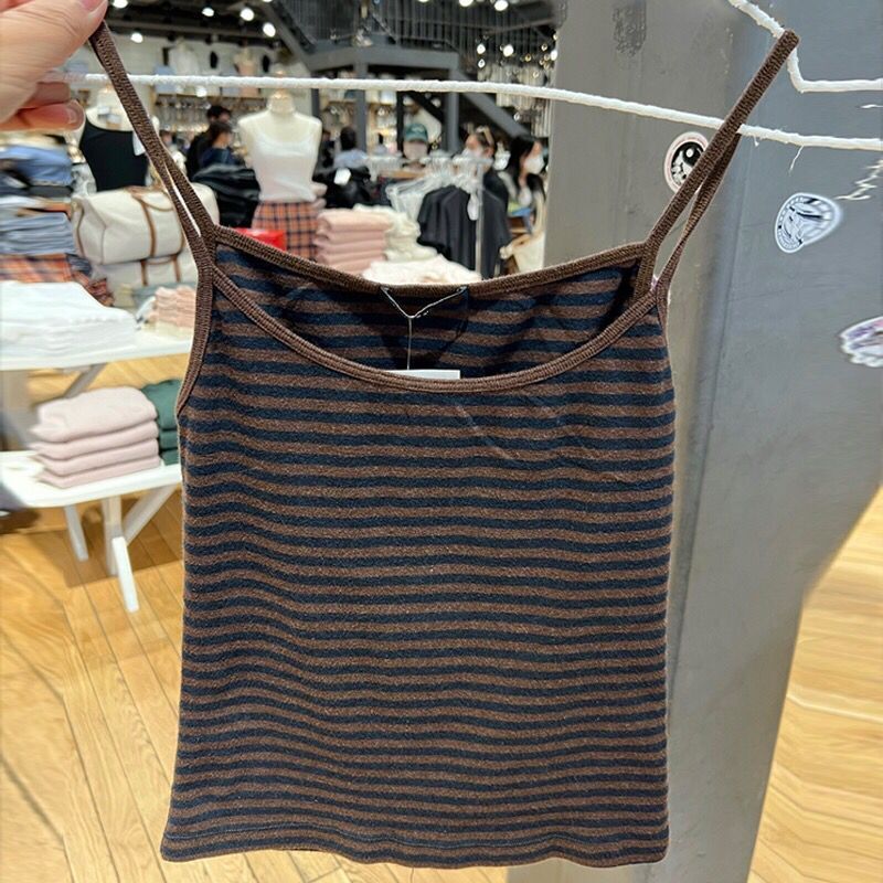 Bm Style Summer New American Retro Brown Striped Camisole Hot Girl Slim Fit Tank Top Women's Summer Top Bm Style Summer New American Retro Brown Striped Camisole Hot Girl Slim Fit Tank Top Women's Summer Top