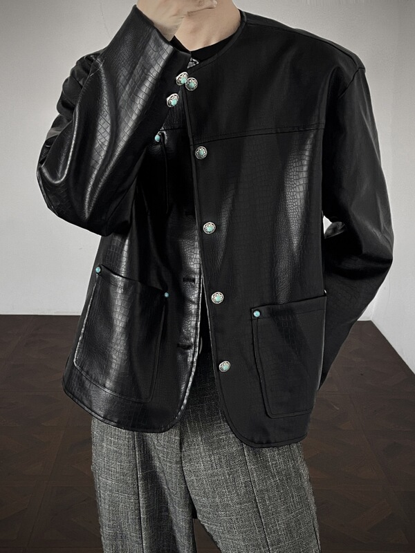 Crocodile Pattern Pu Leather Jacket Men's Plus Size Loose Trendy Brand Stereo Cut Pearl Button Short Collarless Jacket
