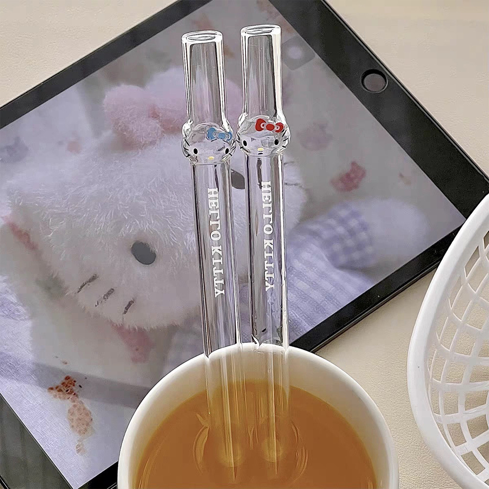 Creativo estereoscópico Kitty estilo lindo paja de vidrio colorida resistente a la temperatura jugo de té Kitty paja