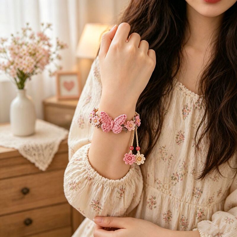 Trendy European and American Style Handmade Crochet Pink Flower Bracelet with Pink Beaded Embellishments, Creating a Versatile and Stylish Look for Commuting Trendy European and American Style Handmade Crochet Pink Flower Bracelet with Pink Beaded Embellishments, Creating a Versatile and Stylish Look for Commuting