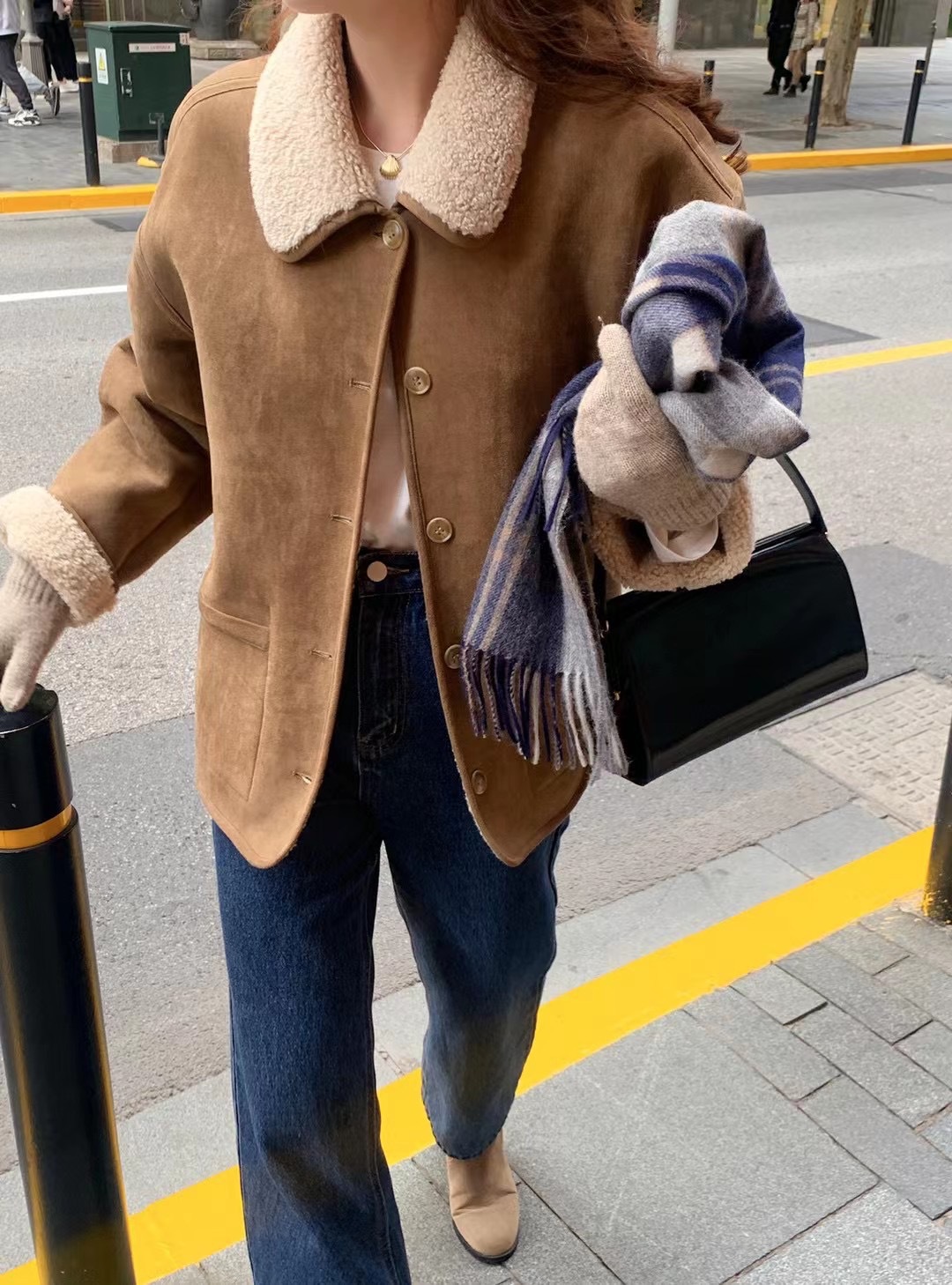 冬用厚手の綿入りジャケット、韓国風リバーシブルラムウールジャケット、襟付き、ダブルポケット、厚手で暖かい女性用トップス