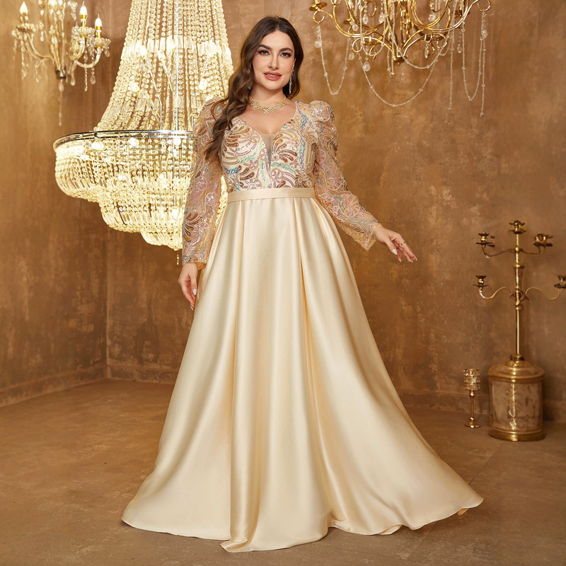 Amazon cross-border plus-size women's elegant deep V-neck sequin-spliced satin evening dress Amazon cross-border plus-size women's elegant deep V-neck sequin-spliced satin evening dress