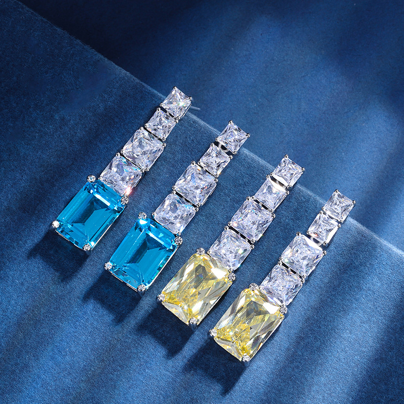 Zhuang Sheng joyas fondo de cobre chapado en oro de moda europea y americana colorido tesoro simulación azul marino tesoro amarillo diamante pendientes grandes piedra principal 10*16